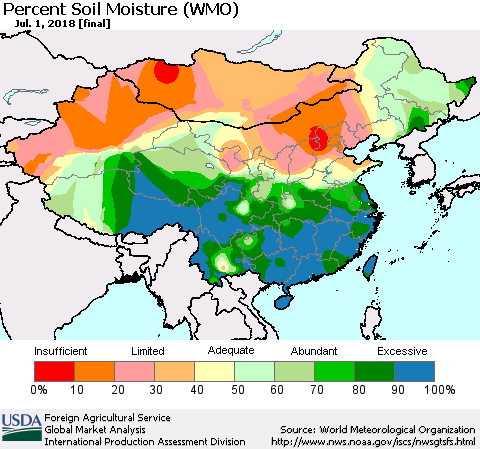 China, Mongolia and Taiwan Percent Soil Moisture (WMO) Thematic Map For 6/25/2018 - 7/1/2018