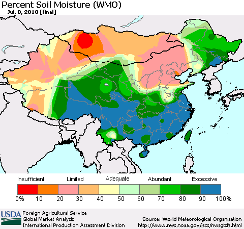 China, Mongolia and Taiwan Percent Soil Moisture (WMO) Thematic Map For 7/2/2018 - 7/8/2018