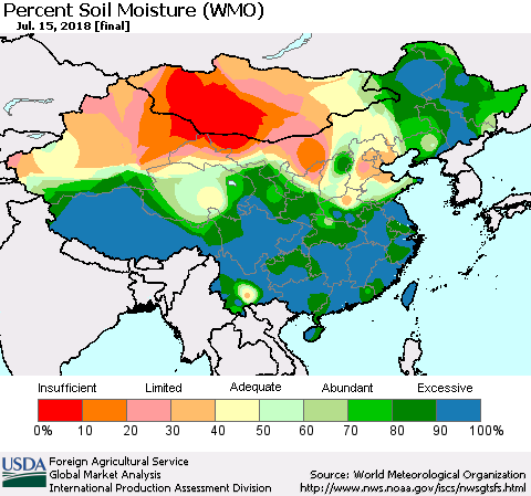 China, Mongolia and Taiwan Percent Soil Moisture (WMO) Thematic Map For 7/9/2018 - 7/15/2018