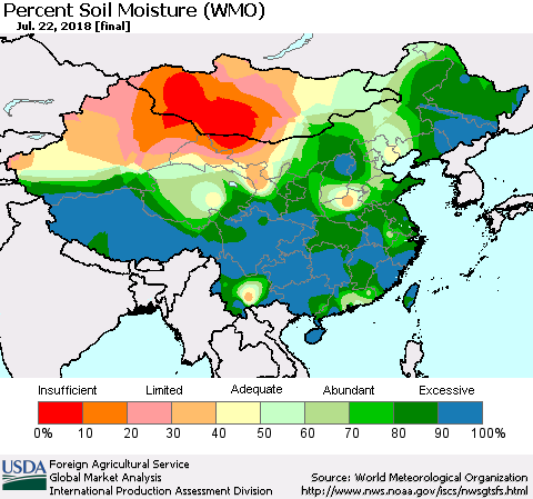China, Mongolia and Taiwan Percent Soil Moisture (WMO) Thematic Map For 7/16/2018 - 7/22/2018