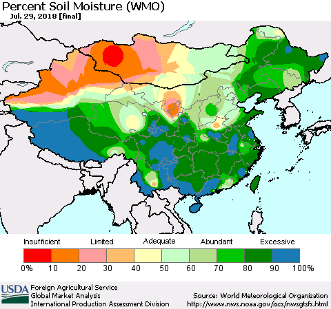 China, Mongolia and Taiwan Percent Soil Moisture (WMO) Thematic Map For 7/23/2018 - 7/29/2018