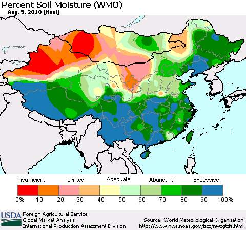 China, Mongolia and Taiwan Percent Soil Moisture (WMO) Thematic Map For 7/30/2018 - 8/5/2018