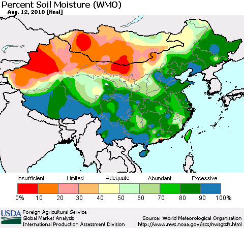 China, Mongolia and Taiwan Percent Soil Moisture (WMO) Thematic Map For 8/6/2018 - 8/12/2018