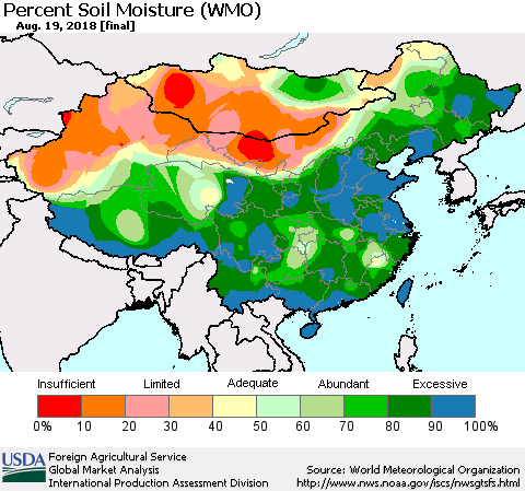 China, Mongolia and Taiwan Percent Soil Moisture (WMO) Thematic Map For 8/13/2018 - 8/19/2018