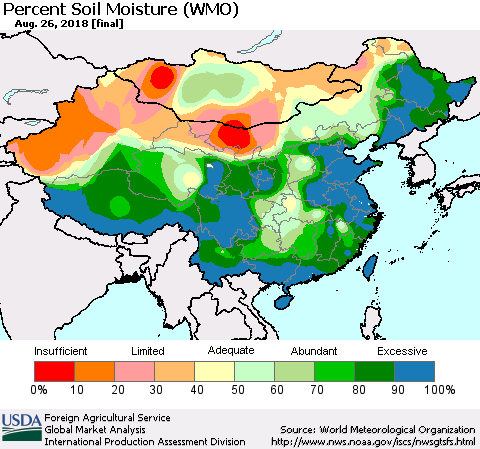 China, Mongolia and Taiwan Percent Soil Moisture (WMO) Thematic Map For 8/20/2018 - 8/26/2018