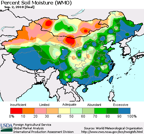 China, Mongolia and Taiwan Percent Soil Moisture (WMO) Thematic Map For 8/27/2018 - 9/2/2018