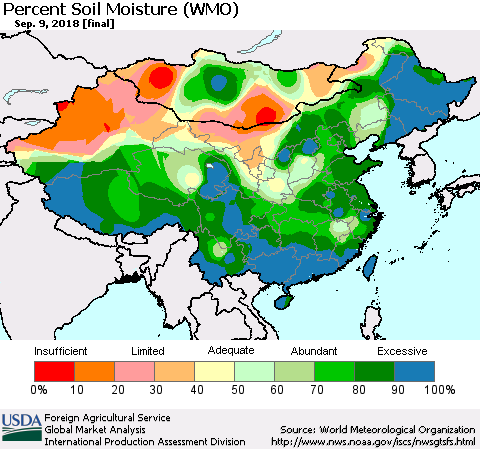 China and Taiwan Percent Soil Moisture (WMO) Thematic Map For 9/3/2018 - 9/9/2018