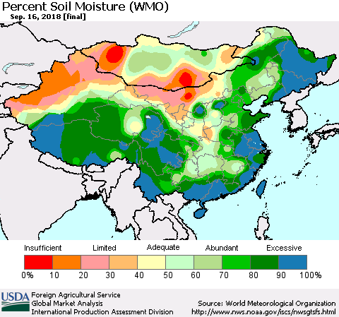China and Taiwan Percent Soil Moisture (WMO) Thematic Map For 9/10/2018 - 9/16/2018