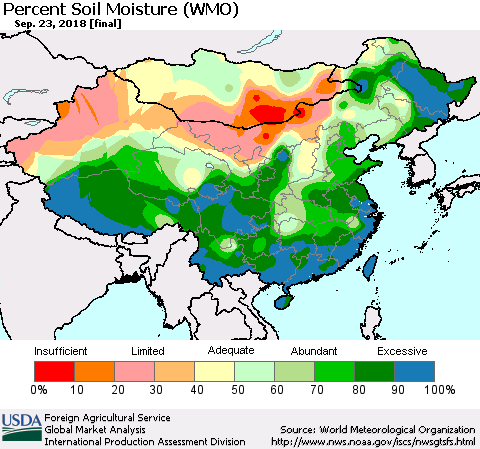 China and Taiwan Percent Soil Moisture (WMO) Thematic Map For 9/17/2018 - 9/23/2018