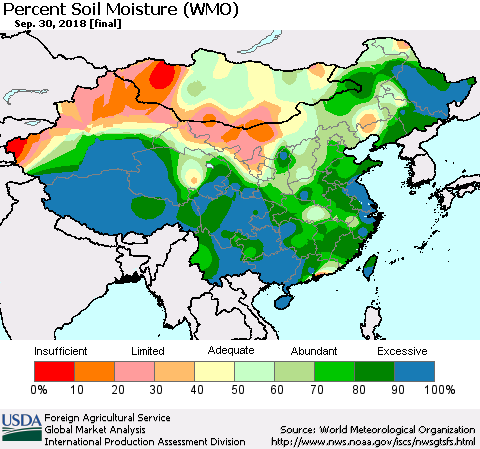China and Taiwan Percent Soil Moisture (WMO) Thematic Map For 9/24/2018 - 9/30/2018