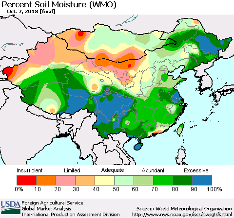 China and Taiwan Percent Soil Moisture (WMO) Thematic Map For 10/1/2018 - 10/7/2018