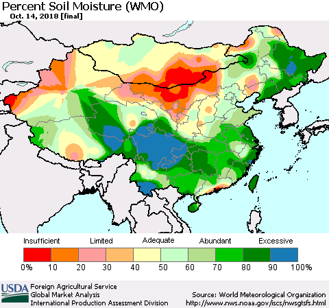 China, Mongolia and Taiwan Percent Soil Moisture (WMO) Thematic Map For 10/8/2018 - 10/14/2018