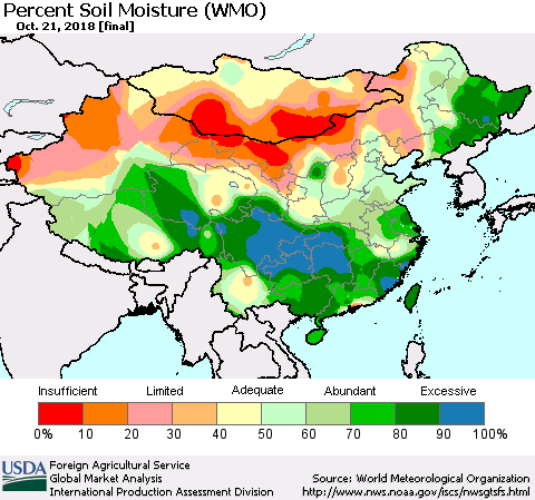 China and Taiwan Percent Soil Moisture (WMO) Thematic Map For 10/15/2018 - 10/21/2018