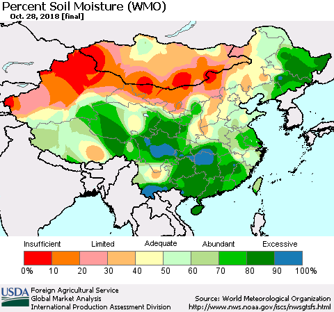 China and Taiwan Percent Soil Moisture (WMO) Thematic Map For 10/22/2018 - 10/28/2018