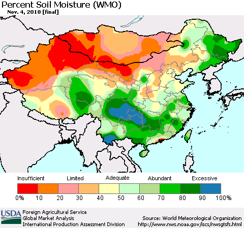 China, Mongolia and Taiwan Percent Soil Moisture (WMO) Thematic Map For 10/29/2018 - 11/4/2018