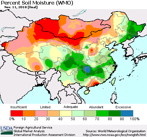 China, Mongolia and Taiwan Percent Soil Moisture (WMO) Thematic Map For 11/5/2018 - 11/11/2018