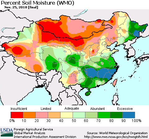China and Taiwan Percent Soil Moisture (WMO) Thematic Map For 11/19/2018 - 11/25/2018