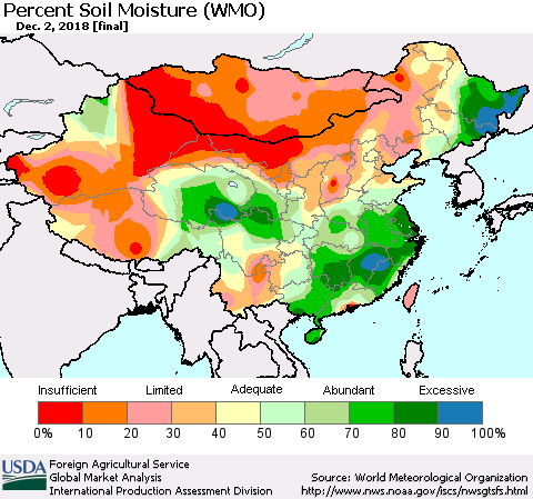 China and Taiwan Percent Soil Moisture (WMO) Thematic Map For 11/26/2018 - 12/2/2018