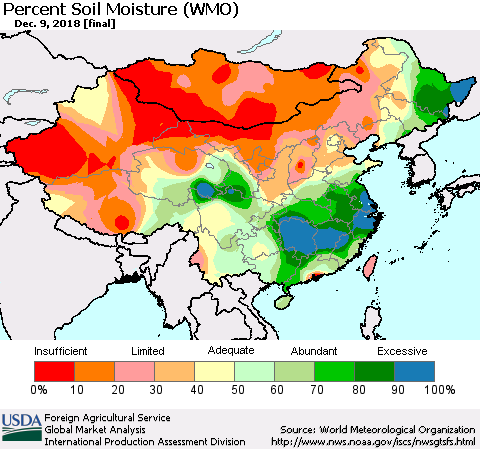 China and Taiwan Percent Soil Moisture (WMO) Thematic Map For 12/3/2018 - 12/9/2018