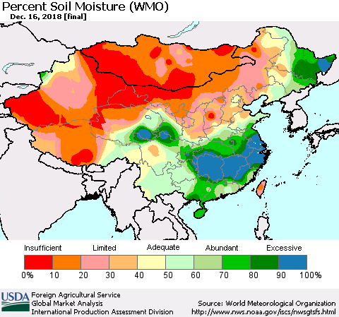 China and Taiwan Percent Soil Moisture (WMO) Thematic Map For 12/10/2018 - 12/16/2018