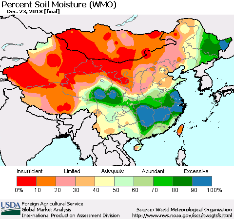 China and Taiwan Percent Soil Moisture (WMO) Thematic Map For 12/17/2018 - 12/23/2018
