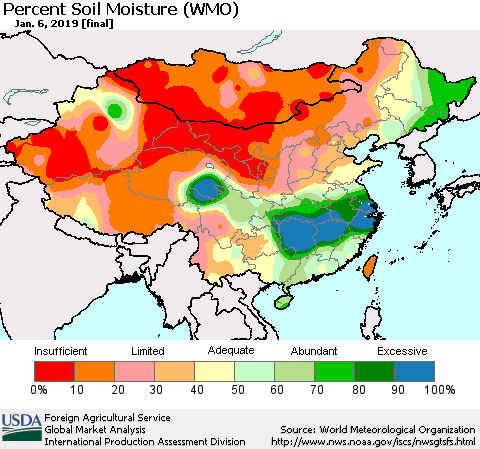 China and Taiwan Percent Soil Moisture (WMO) Thematic Map For 12/31/2018 - 1/6/2019