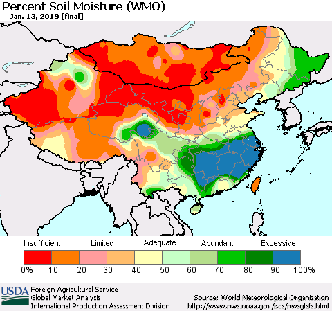 China and Taiwan Percent Soil Moisture (WMO) Thematic Map For 1/7/2019 - 1/13/2019