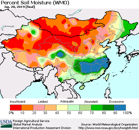 China, Mongolia and Taiwan Percent Soil Moisture (WMO) Thematic Map For 1/14/2019 - 1/20/2019