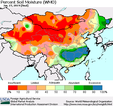 China and Taiwan Percent Soil Moisture (WMO) Thematic Map For 1/21/2019 - 1/27/2019
