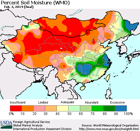 China and Taiwan Percent Soil Moisture (WMO) Thematic Map For 1/28/2019 - 2/3/2019