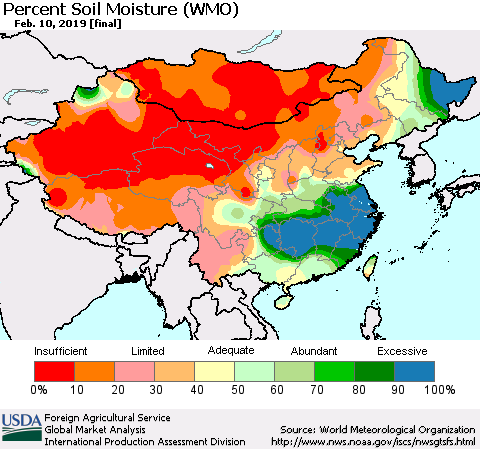 China, Mongolia and Taiwan Percent Soil Moisture (WMO) Thematic Map For 2/4/2019 - 2/10/2019