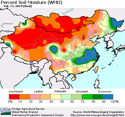 China and Taiwan Percent Soil Moisture (WMO) Thematic Map For 2/11/2019 - 2/17/2019