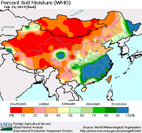 China and Taiwan Percent Soil Moisture (WMO) Thematic Map For 2/18/2019 - 2/24/2019
