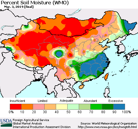 China and Taiwan Percent Soil Moisture (WMO) Thematic Map For 2/25/2019 - 3/3/2019