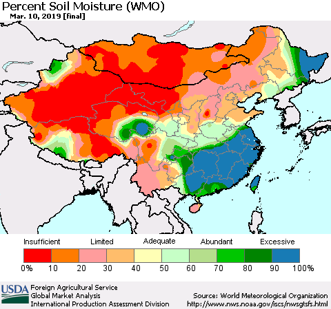 China and Taiwan Percent Soil Moisture (WMO) Thematic Map For 3/4/2019 - 3/10/2019