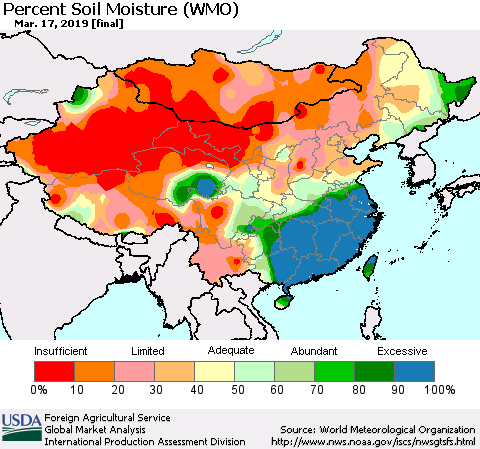 China and Taiwan Percent Soil Moisture (WMO) Thematic Map For 3/11/2019 - 3/17/2019
