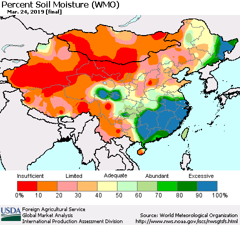 China and Taiwan Percent Soil Moisture (WMO) Thematic Map For 3/18/2019 - 3/24/2019