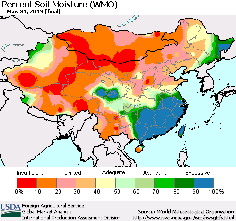 China, Mongolia and Taiwan Percent Soil Moisture (WMO) Thematic Map For 3/25/2019 - 3/31/2019