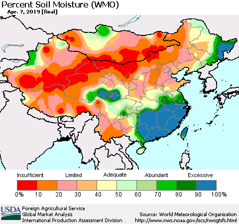 China and Taiwan Percent Soil Moisture (WMO) Thematic Map For 4/1/2019 - 4/7/2019