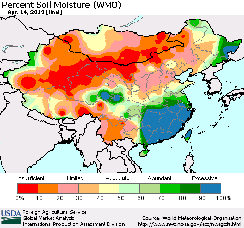 China and Taiwan Percent Soil Moisture (WMO) Thematic Map For 4/8/2019 - 4/14/2019