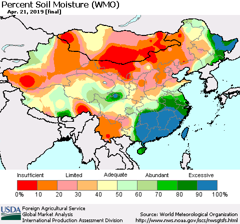 China and Taiwan Percent Soil Moisture (WMO) Thematic Map For 4/15/2019 - 4/21/2019