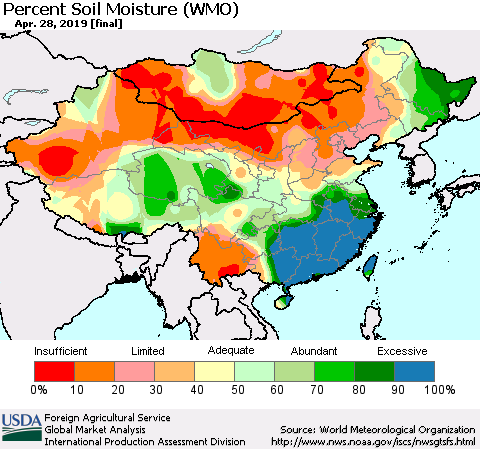 China and Taiwan Percent Soil Moisture (WMO) Thematic Map For 4/22/2019 - 4/28/2019