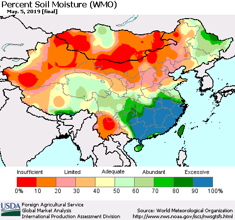 China and Taiwan Percent Soil Moisture (WMO) Thematic Map For 4/29/2019 - 5/5/2019