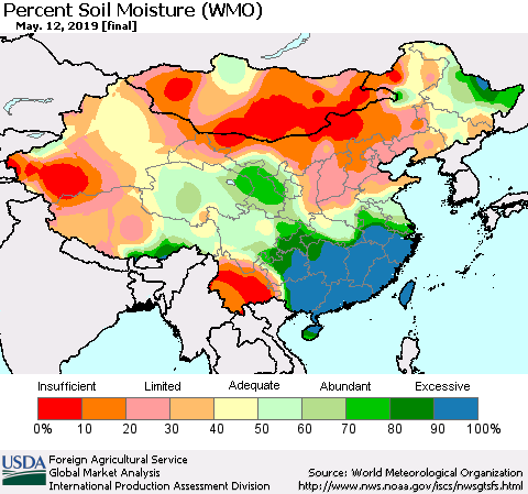 China and Taiwan Percent Soil Moisture (WMO) Thematic Map For 5/6/2019 - 5/12/2019