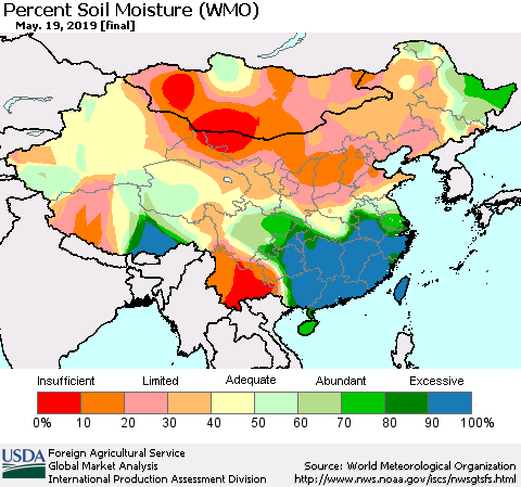 China and Taiwan Percent Soil Moisture (WMO) Thematic Map For 5/13/2019 - 5/19/2019