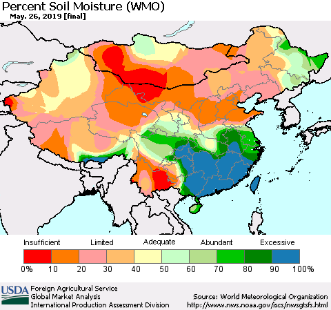 China and Taiwan Percent Soil Moisture (WMO) Thematic Map For 5/20/2019 - 5/26/2019