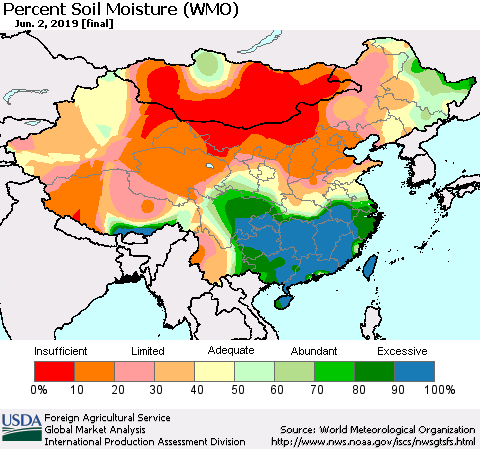 China and Taiwan Percent Soil Moisture (WMO) Thematic Map For 5/27/2019 - 6/2/2019
