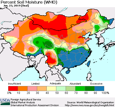 China, Mongolia and Taiwan Percent Soil Moisture (WMO) Thematic Map For 6/17/2019 - 6/23/2019