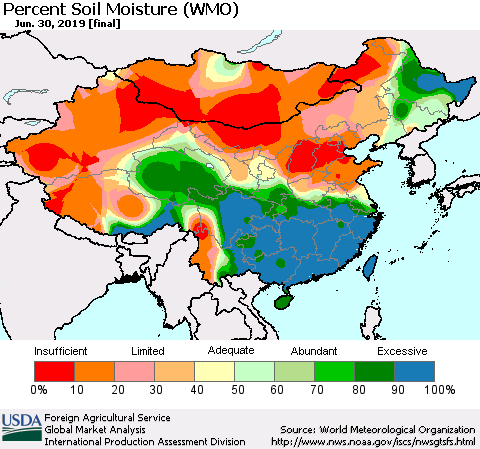 China, Mongolia and Taiwan Percent Soil Moisture (WMO) Thematic Map For 6/24/2019 - 6/30/2019