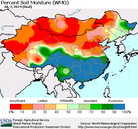 China and Taiwan Percent Soil Moisture (WMO) Thematic Map For 7/1/2019 - 7/7/2019